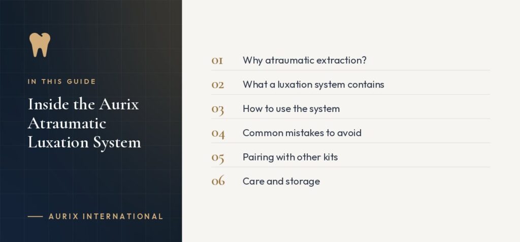 In this guide: Why atraumatic extraction?, What a luxation system contains, How to use the system, Common mistakes to avoid, Pairing with other kits, Care and storage