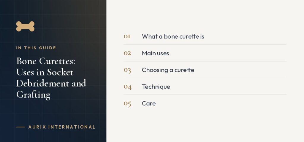 In this guide: What a bone curette is, Main uses, Choosing a curette, Technique, Care