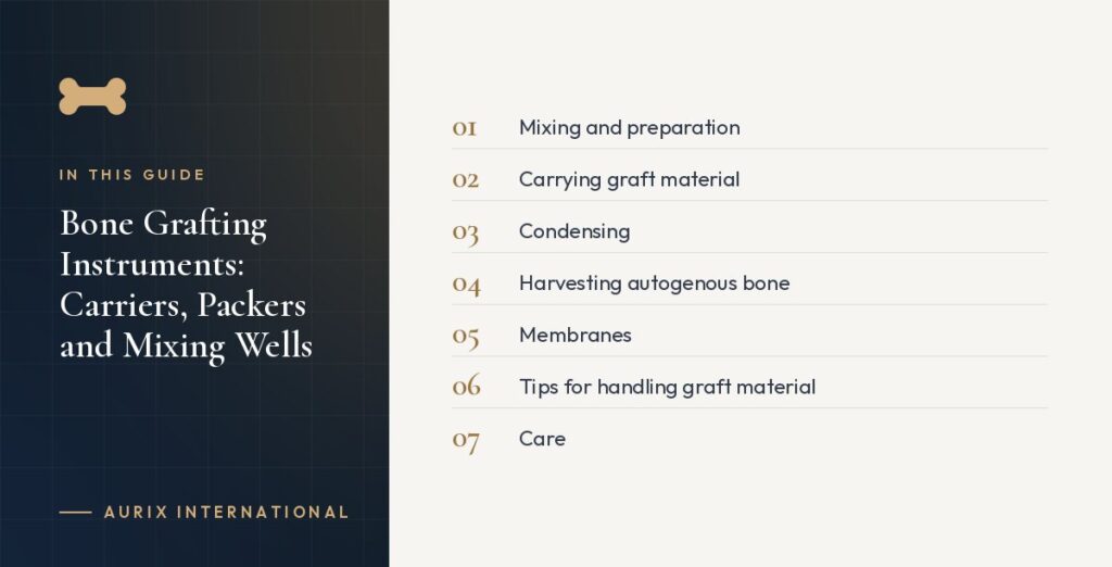 In this guide: Mixing and preparation, Carrying graft material, Condensing, Harvesting autogenous bone, Membranes, Tips for handling graft material, Care