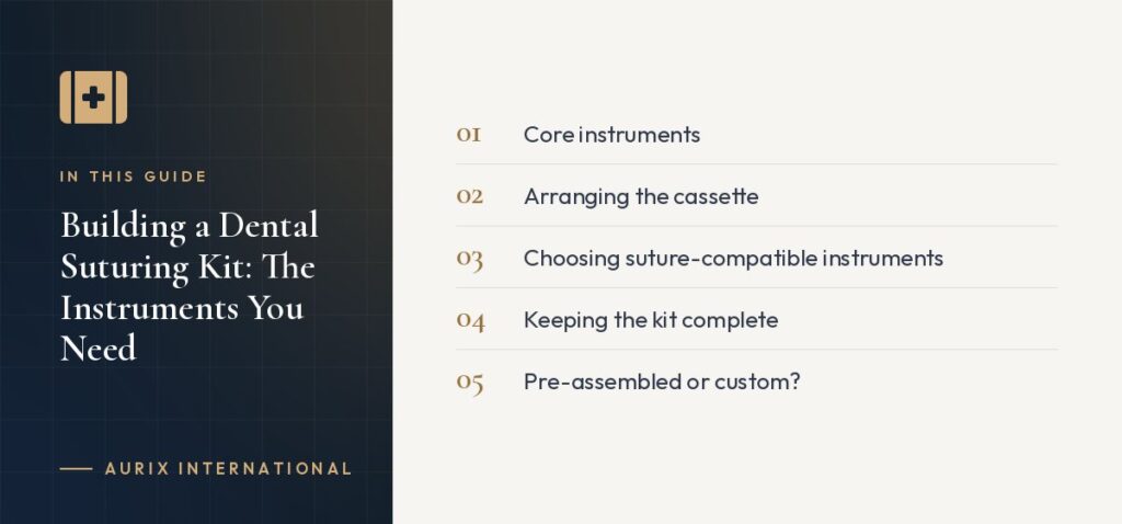 In this guide: Core instruments, Arranging the cassette, Choosing suture-compatible instruments, Keeping the kit complete, Pre-assembled or custom?
