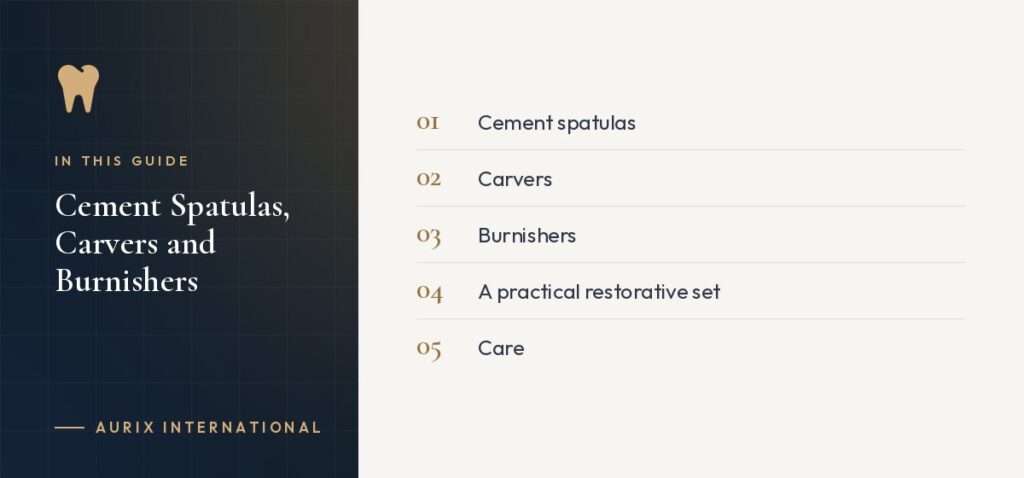In this guide: Cement spatulas, Carvers, Burnishers, A practical restorative set, Care