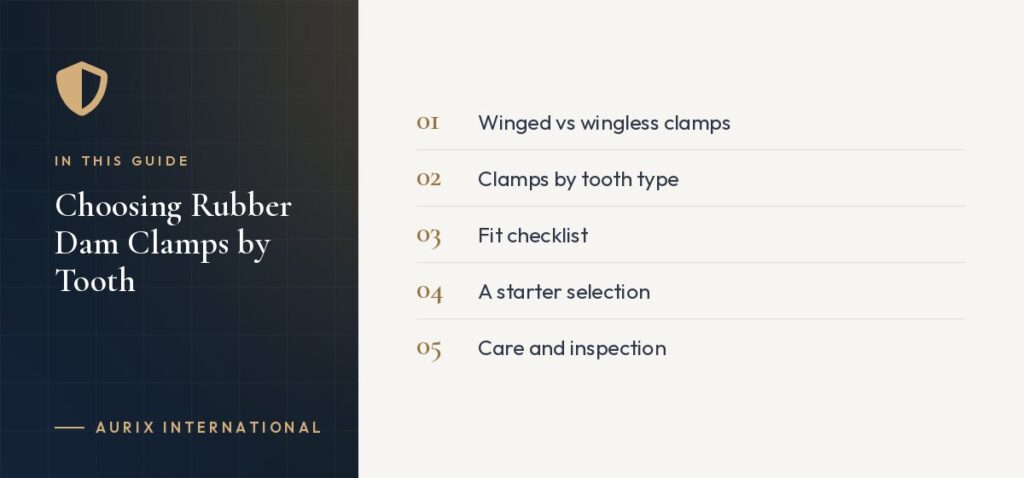 In this guide: Winged vs wingless clamps, Clamps by tooth type, Fit checklist, A starter selection, Care and inspection