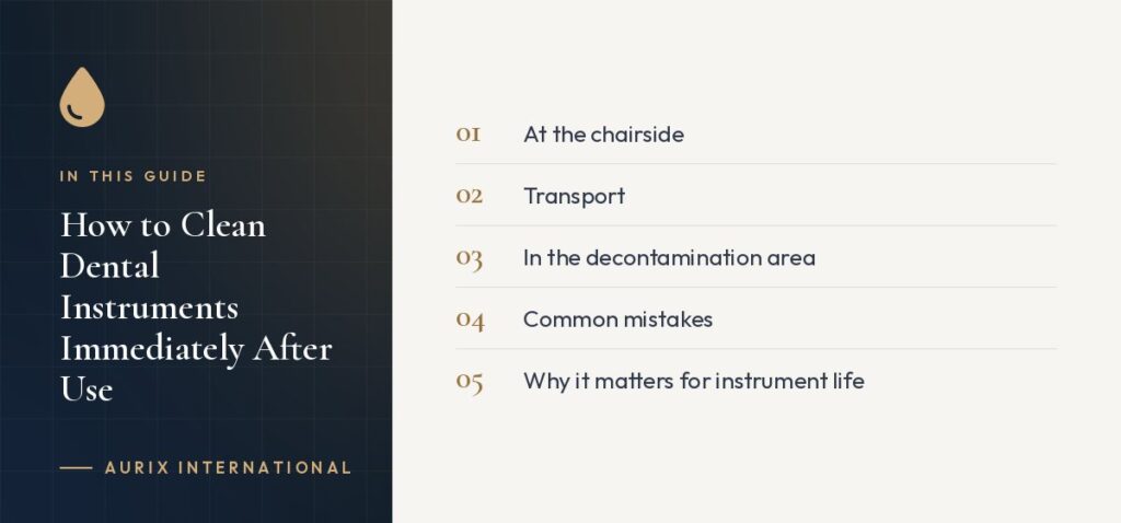 In this guide: At the chairside, Transport, In the decontamination area, Common mistakes, Why it matters for instrument life