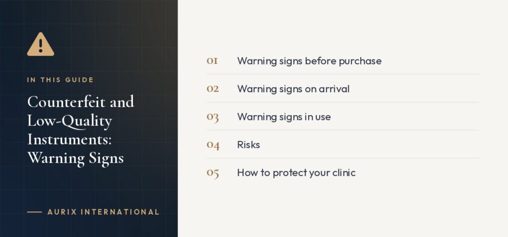 In this guide: Warning signs before purchase, Warning signs on arrival, Warning signs in use, Risks, How to protect your clinic