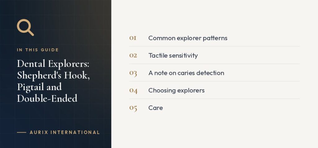 In this guide: Common explorer patterns, Tactile sensitivity, A note on caries detection, Choosing explorers, Care