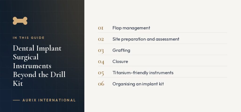 In this guide: Flap management, Site preparation and assessment, Grafting, Closure, Titanium-friendly instruments, Organising an implant kit