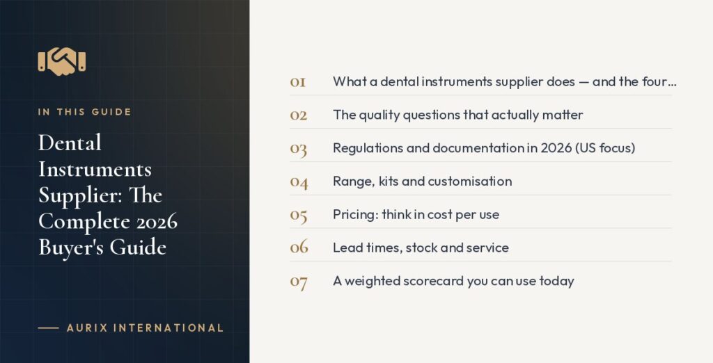 In this guide: What a dental instruments supplier does — and the four common models, The quality questions that actually matter, Regulations and documentation in 2026 (US focus), Range, kits and customisation, Pricing: think in cost per use, Lead times, stock and service, A weighted scorecard you can use today