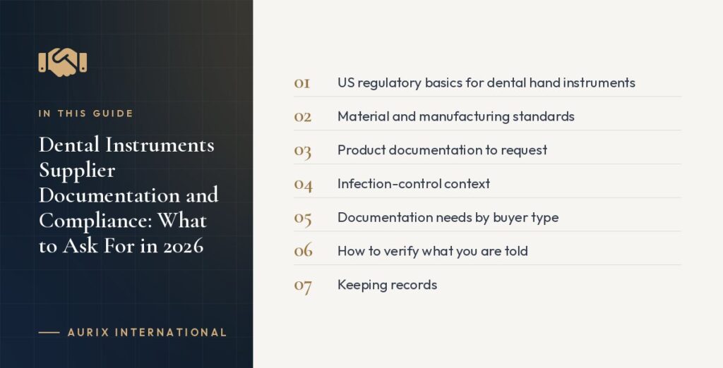 In this guide: US regulatory basics for dental hand instruments, Material and manufacturing standards, Product documentation to request, Infection-control context, Documentation needs by buyer type, How to verify what you are told, Keeping records