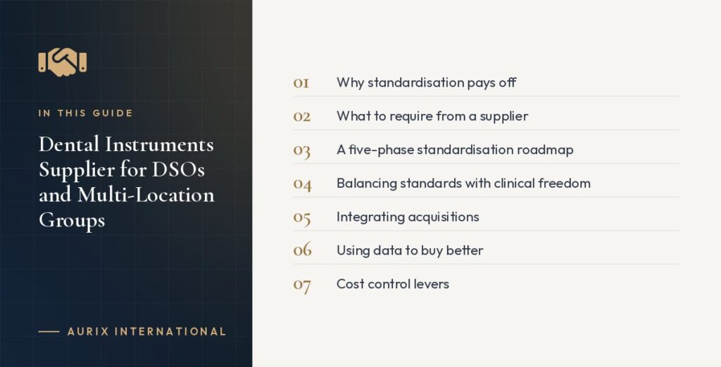 In this guide: Why standardisation pays off, What to require from a supplier, A five-phase standardisation roadmap, Balancing standards with clinical freedom, Integrating acquisitions, Using data to buy better, Cost control levers