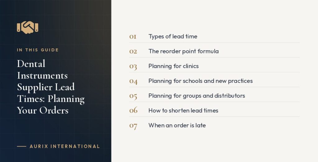 In this guide: Types of lead time, The reorder point formula, Planning for clinics, Planning for schools and new practices, Planning for groups and distributors, How to shorten lead times, When an order is late