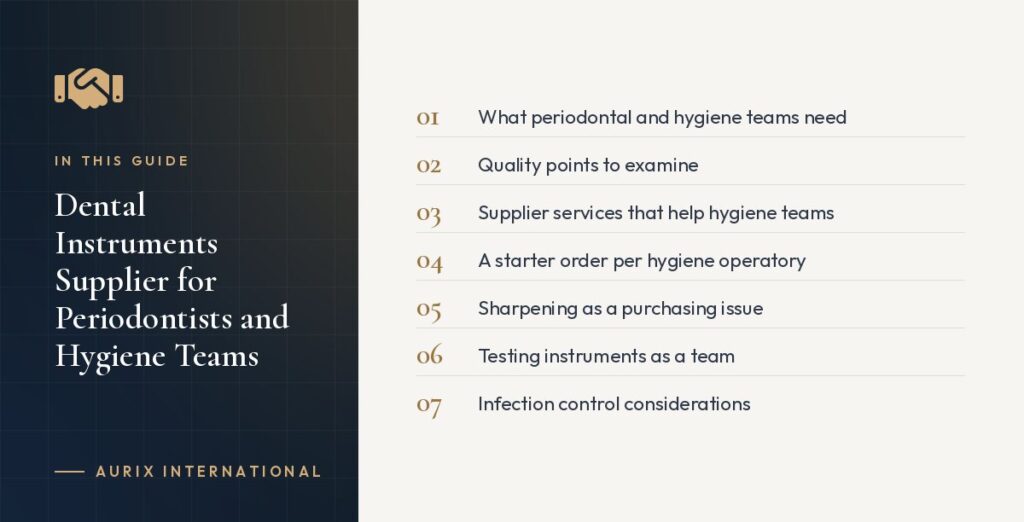 In this guide: What periodontal and hygiene teams need, Quality points to examine, Supplier services that help hygiene teams, A starter order per hygiene operatory, Sharpening as a purchasing issue, Testing instruments as a team, Infection control considerations