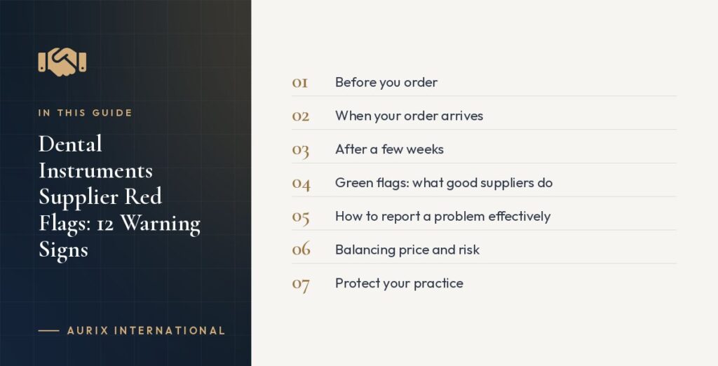 In this guide: Before you order, When your order arrives, After a few weeks, Green flags: what good suppliers do, How to report a problem effectively, Balancing price and risk, Protect your practice