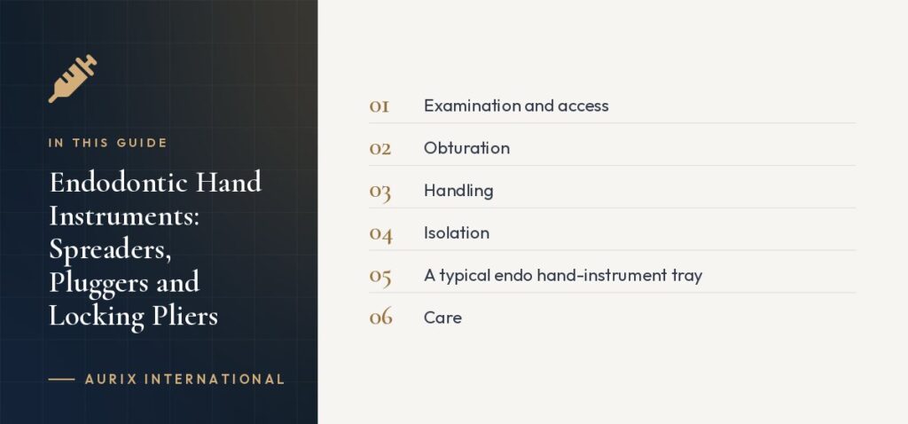 In this guide: Examination and access, Obturation, Handling, Isolation, A typical endo hand-instrument tray, Care