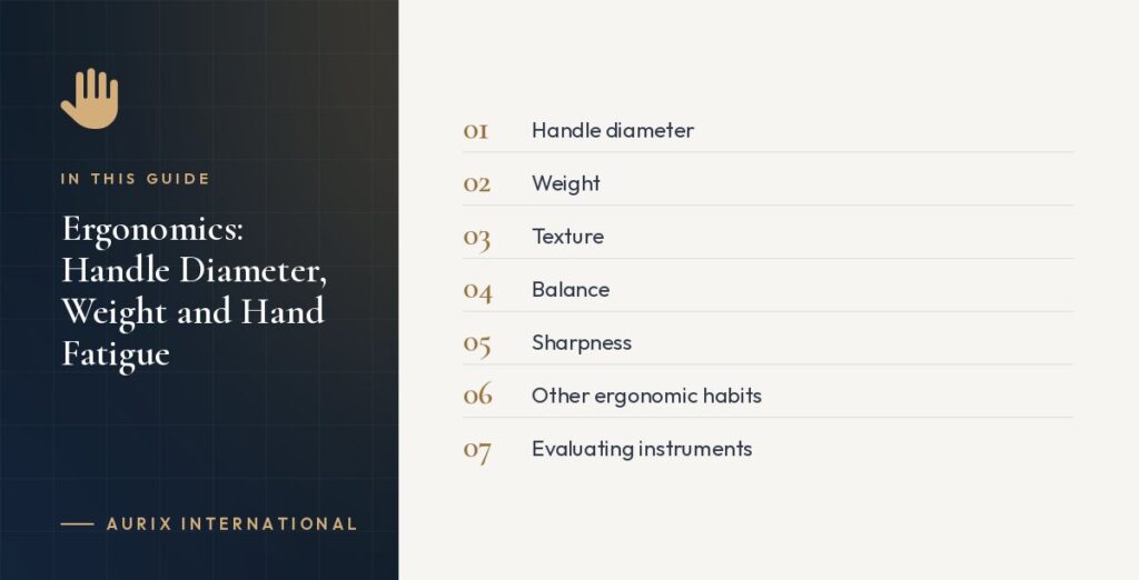 In this guide: Handle diameter, Weight, Texture, Balance, Sharpness, Other ergonomic habits, Evaluating instruments