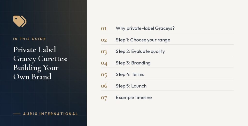 In this guide: Why private-label Graceys?, Step 1: Choose your range, Step 2: Evaluate quality, Step 3: Branding, Step 4: Terms, Step 5: Launch, Example timeline