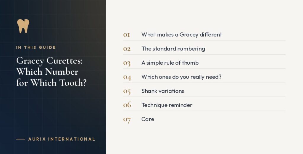 In this guide: What makes a Gracey different, The standard numbering, A simple rule of thumb, Which ones do you really need?, Shank variations, Technique reminder, Care