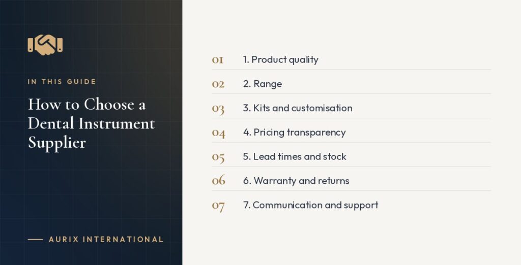 In this guide: 1. Product quality, 2. Range, 3. Kits and customisation, 4. Pricing transparency, 5. Lead times and stock, 6. Warranty and returns, 7. Communication and support