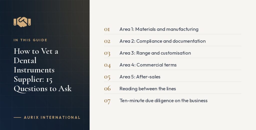 In this guide: Area 1: Materials and manufacturing, Area 2: Compliance and documentation, Area 3: Range and customisation, Area 4: Commercial terms, Area 5: After-sales, Reading between the lines, Ten-minute due diligence on the business