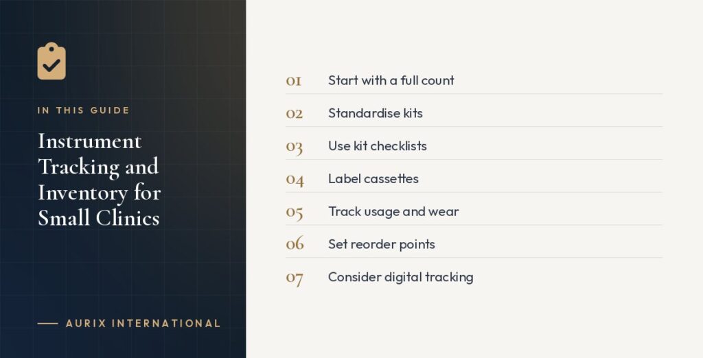In this guide: Start with a full count, Standardise kits, Use kit checklists, Label cassettes, Track usage and wear, Set reorder points, Consider digital tracking
