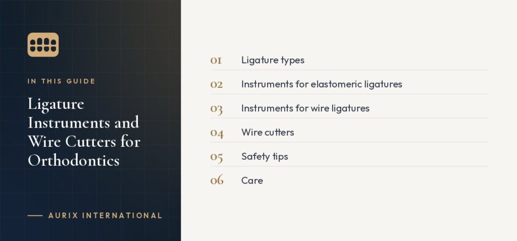 In this guide: Ligature types, Instruments for elastomeric ligatures, Instruments for wire ligatures, Wire cutters, Safety tips, Care