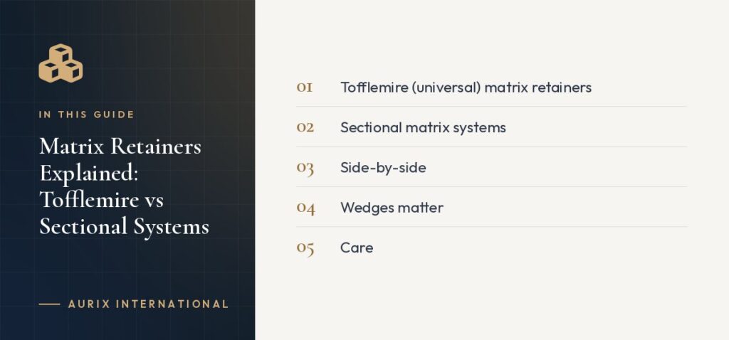 In this guide: Tofflemire (universal) matrix retainers, Sectional matrix systems, Side-by-side, Wedges matter, Care