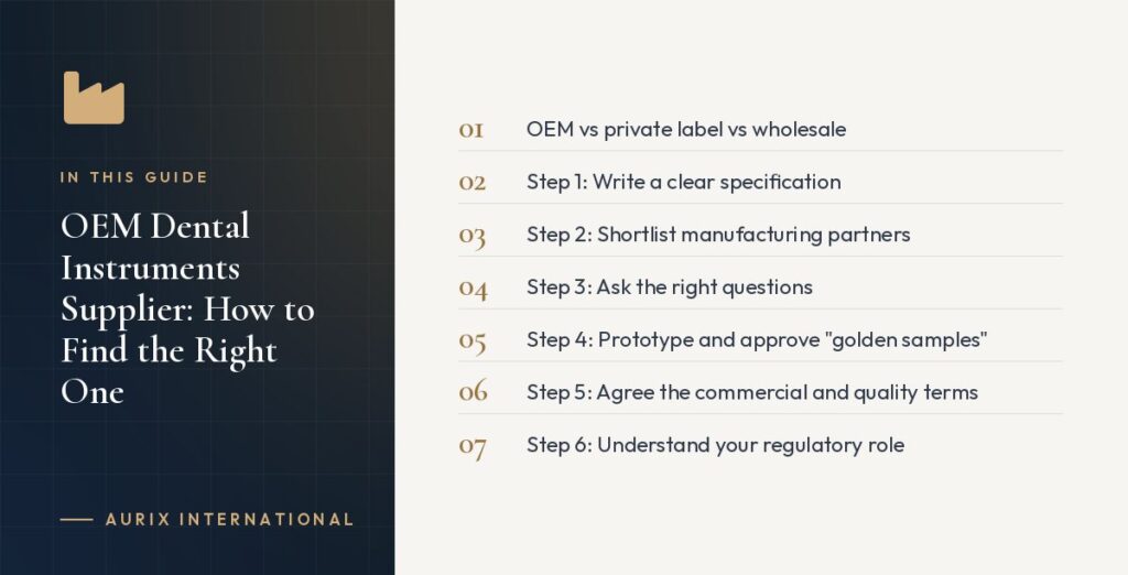 In this guide: OEM vs private label vs wholesale, Step 1: Write a clear specification, Step 2: Shortlist manufacturing partners, Step 3: Ask the right questions, Step 4: Prototype and approve "golden samples", Step 5: Agree the commercial and quality terms, Step 6: Understand your regulatory role