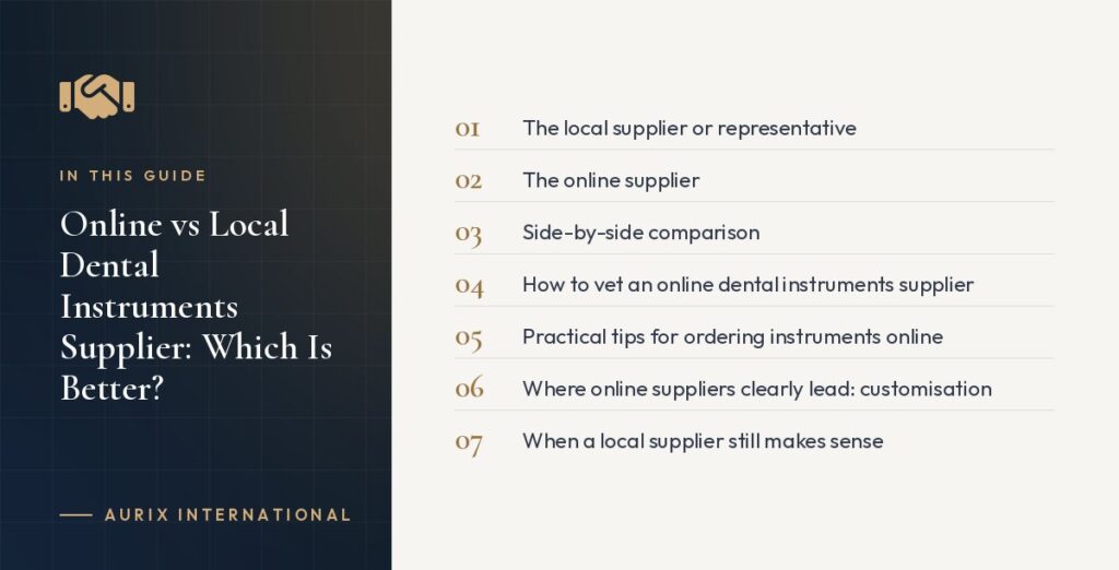 In this guide: The local supplier or representative, The online supplier, Side-by-side comparison, How to vet an online dental instruments supplier, Practical tips for ordering instruments online, Where online suppliers clearly lead: customisation, When a local supplier still makes sense