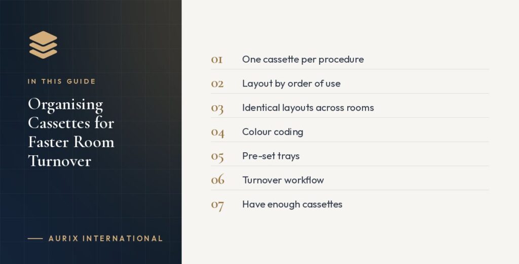 In this guide: One cassette per procedure, Layout by order of use, Identical layouts across rooms, Colour coding, Pre-set trays, Turnover workflow, Have enough cassettes