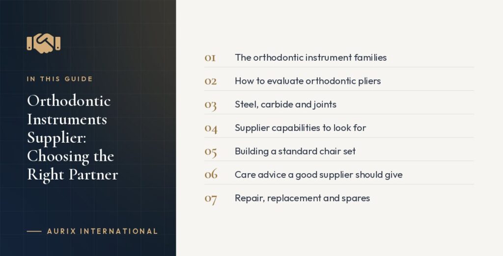 In this guide: The orthodontic instrument families, How to evaluate orthodontic pliers, Steel, carbide and joints, Supplier capabilities to look for, Building a standard chair set, Care advice a good supplier should give, Repair, replacement and spares