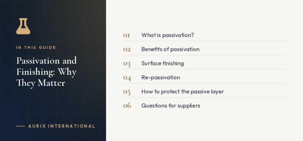 In this guide: What is passivation?, Benefits of passivation, Surface finishing, Re-passivation, How to protect the passive layer, Questions for suppliers