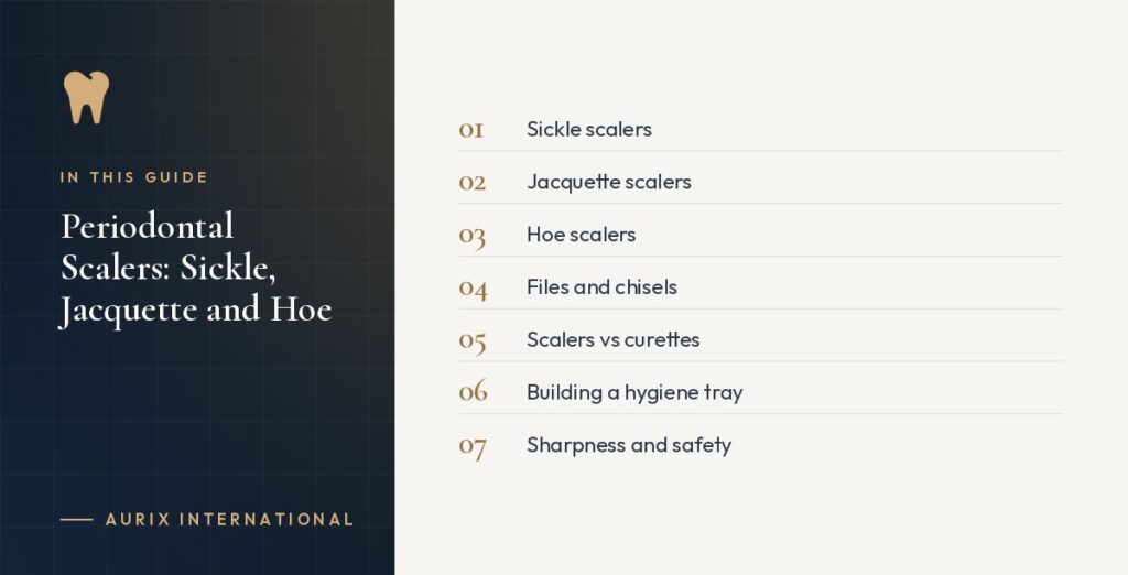 In this guide: Sickle scalers, Jacquette scalers, Hoe scalers, Files and chisels, Scalers vs curettes, Building a hygiene tray, Sharpness and safety