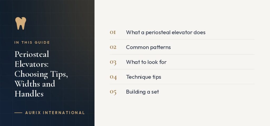 In this guide: What a periosteal elevator does, Common patterns, What to look for, Technique tips, Building a set