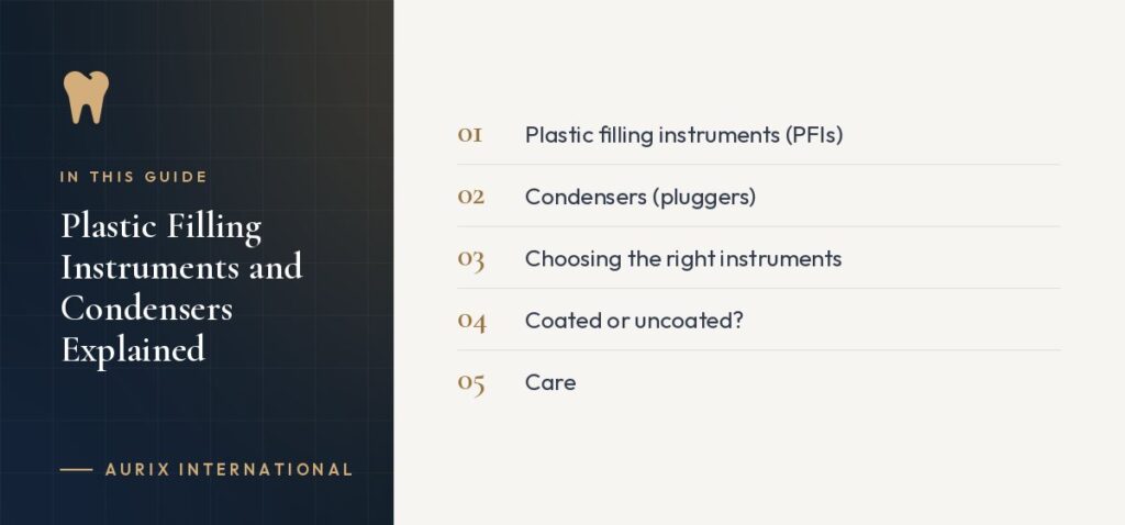 In this guide: Plastic filling instruments (PFIs), Condensers (pluggers), Choosing the right instruments, Coated or uncoated?, Care
