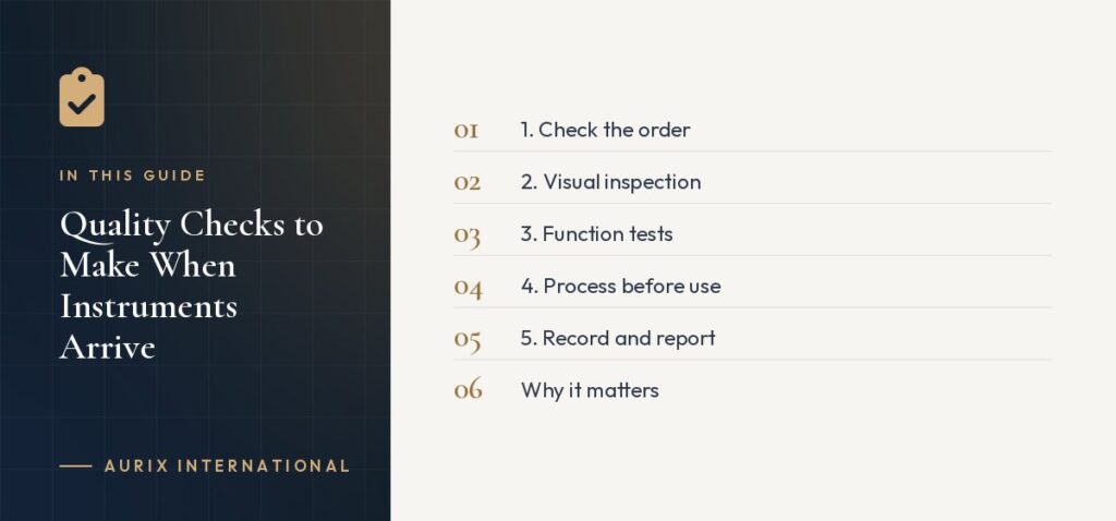 In this guide: 1. Check the order, 2. Visual inspection, 3. Function tests, 4. Process before use, 5. Record and report, Why it matters