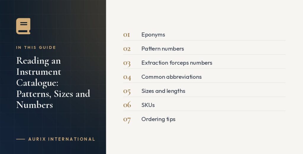 In this guide: Eponyms, Pattern numbers, Extraction forceps numbers, Common abbreviations, Sizes and lengths, SKUs, Ordering tips