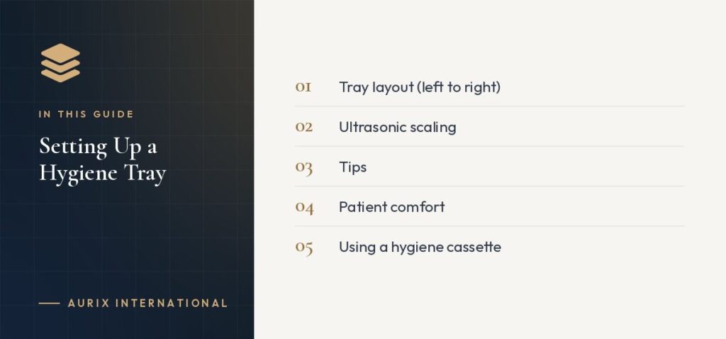 In this guide: Tray layout (left to right), Ultrasonic scaling, Tips, Patient comfort, Using a hygiene cassette