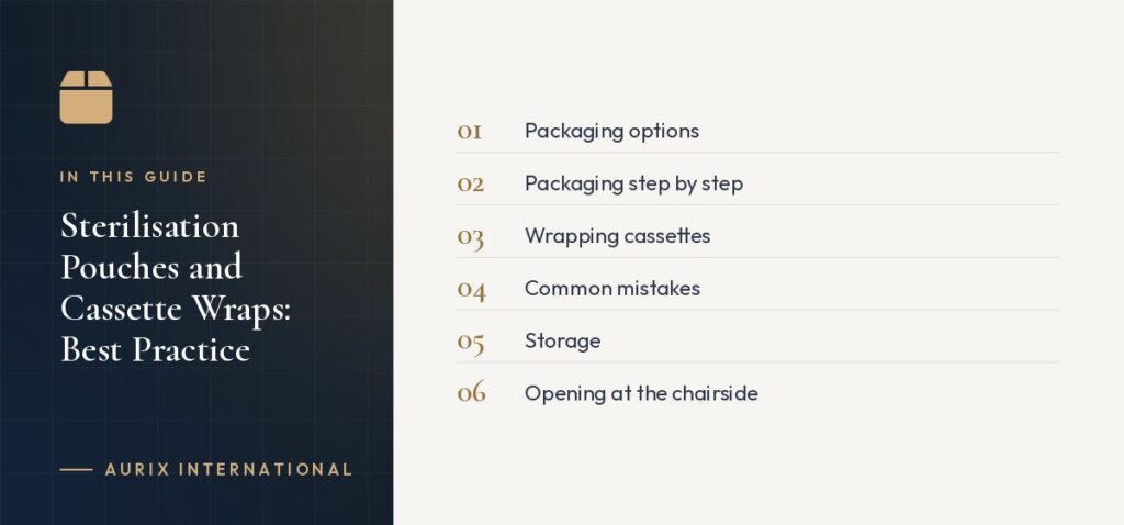 In this guide: Packaging options, Packaging step by step, Wrapping cassettes, Common mistakes, Storage, Opening at the chairside