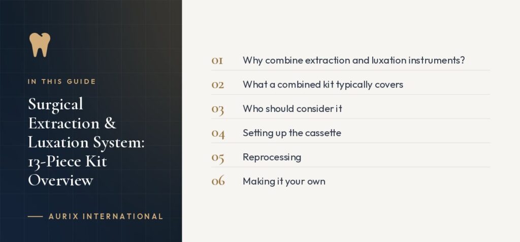 In this guide: Why combine extraction and luxation instruments?, What a combined kit typically covers, Who should consider it, Setting up the cassette, Reprocessing, Making it your own