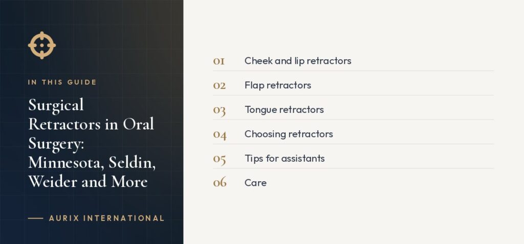 In this guide: Cheek and lip retractors, Flap retractors, Tongue retractors, Choosing retractors, Tips for assistants, Care