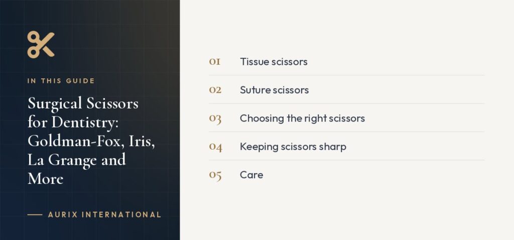 In this guide: Tissue scissors, Suture scissors, Choosing the right scissors, Keeping scissors sharp, Care