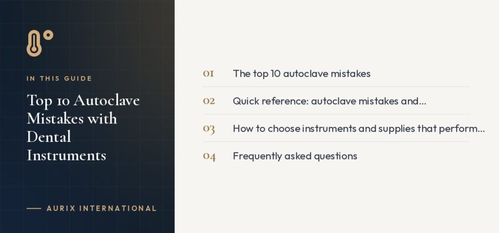 In this guide: The top 10 autoclave mistakes, Quick reference: autoclave mistakes and consequences, How to choose instruments and supplies that perform well in the autoclave, Frequently asked questions