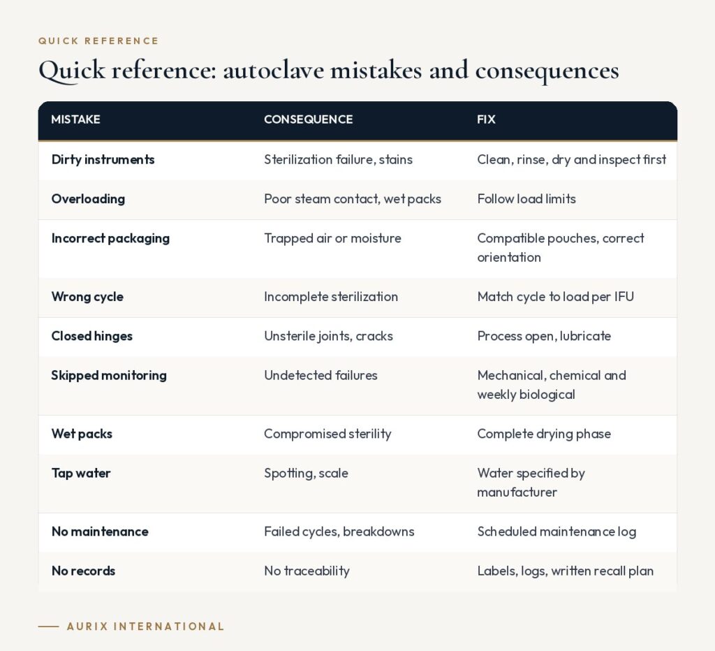 Quick reference table: autoclave mistakes and consequences