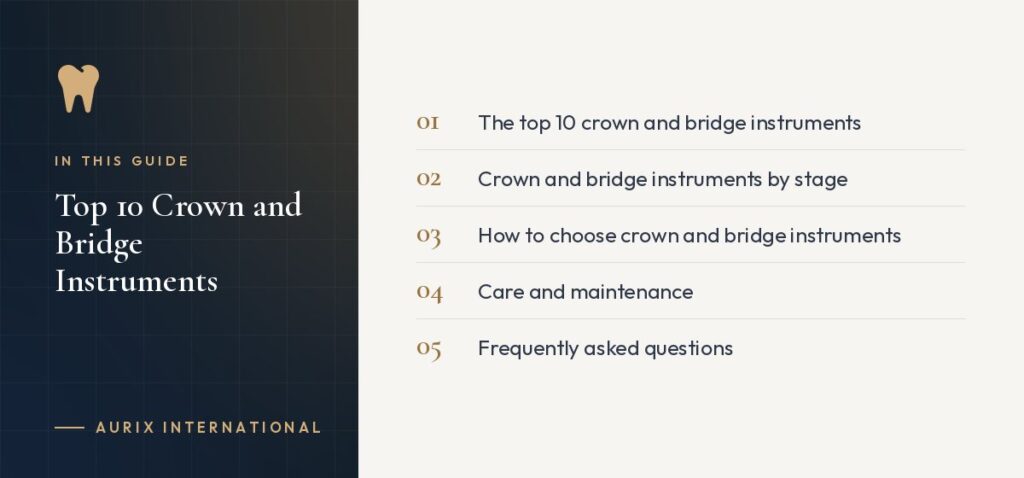 In this guide: The top 10 crown and bridge instruments, Crown and bridge instruments by stage, How to choose crown and bridge instruments, Care and maintenance, Frequently asked questions