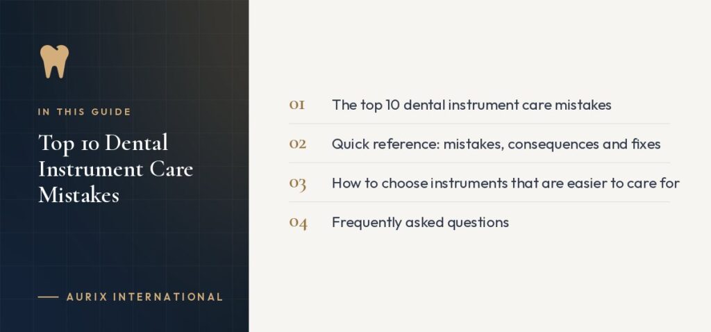 In this guide: The top 10 dental instrument care mistakes, Quick reference: mistakes, consequences and fixes, How to choose instruments that are easier to care for, Frequently asked questions