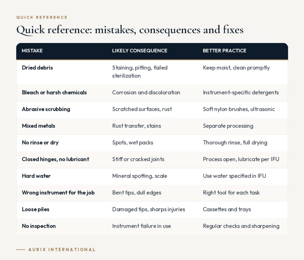 Quick reference table: mistakes, consequences and fixes