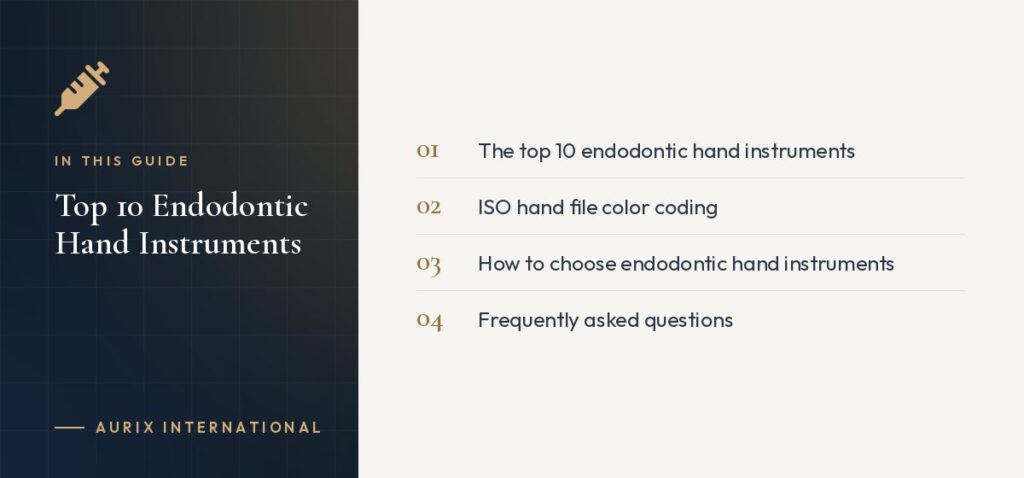 In this guide: The top 10 endodontic hand instruments, ISO hand file color coding, How to choose endodontic hand instruments, Frequently asked questions