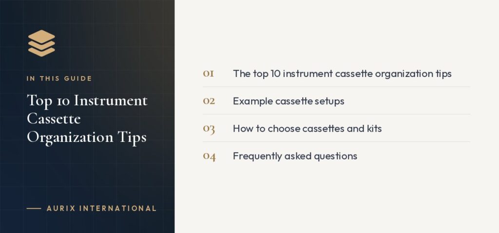 In this guide: The top 10 instrument cassette organization tips, Example cassette setups, How to choose cassettes and kits, Frequently asked questions