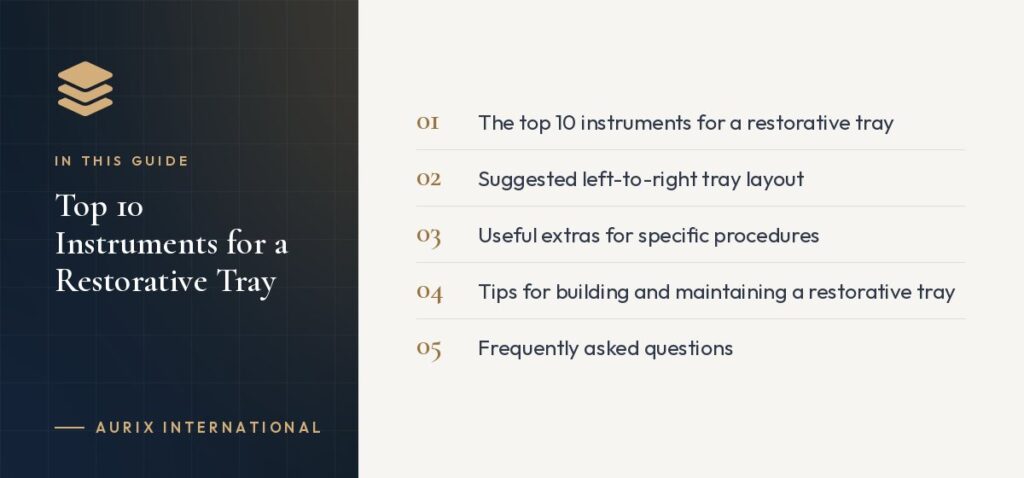 In this guide: The top 10 instruments for a restorative tray, Suggested left-to-right tray layout, Useful extras for specific procedures, Tips for building and maintaining a restorative tray, Frequently asked questions