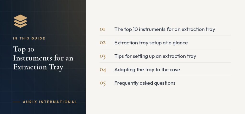 In this guide: The top 10 instruments for an extraction tray, Extraction tray setup at a glance, Tips for setting up an extraction tray, Adapting the tray to the case, Frequently asked questions