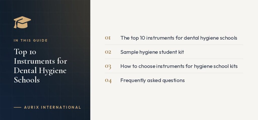 In this guide: The top 10 instruments for dental hygiene schools, Sample hygiene student kit, How to choose instruments for hygiene school kits, Frequently asked questions